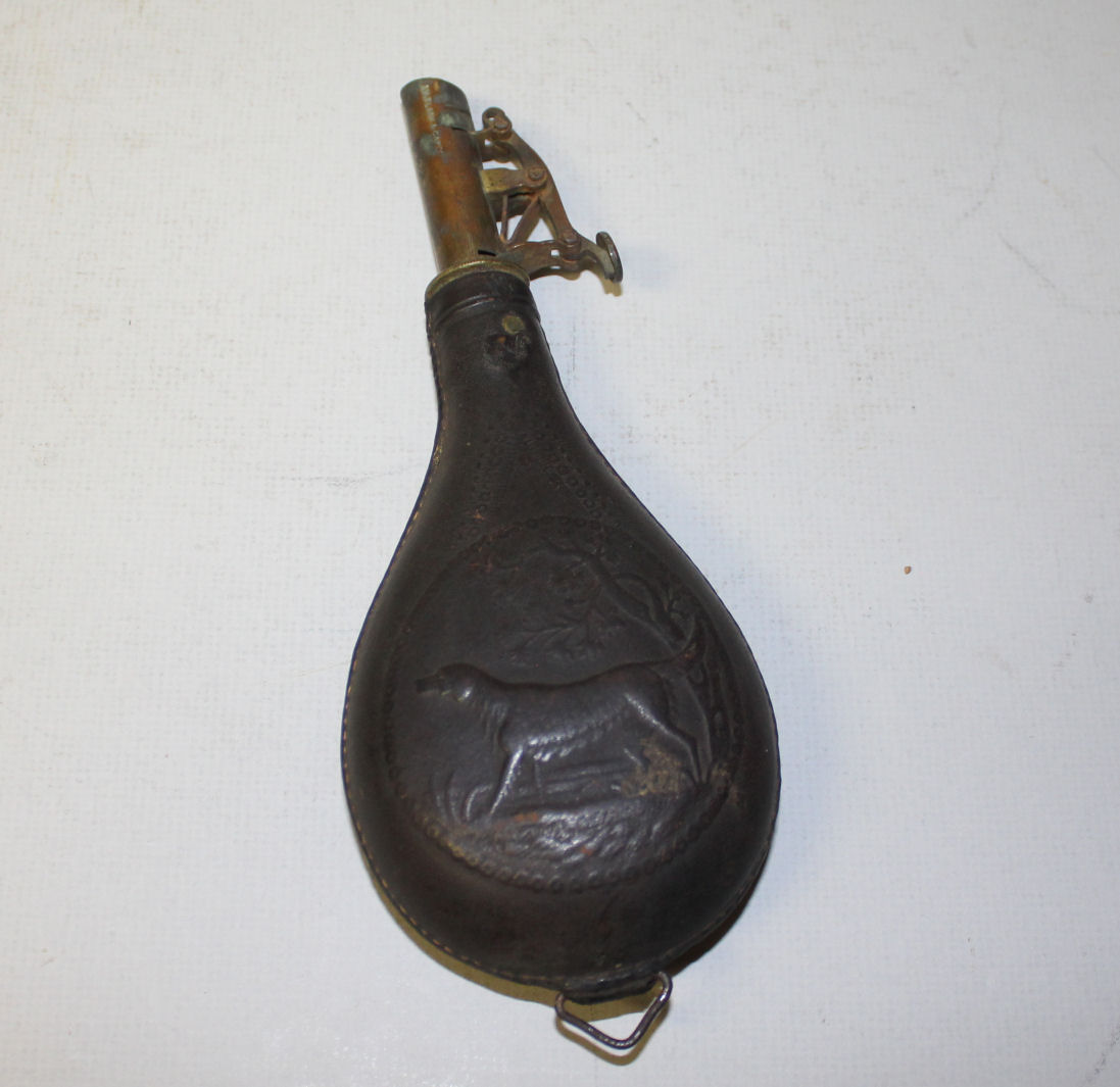Circa 1830870, Antique Brass, Black Powder Flask, Dog Hunting