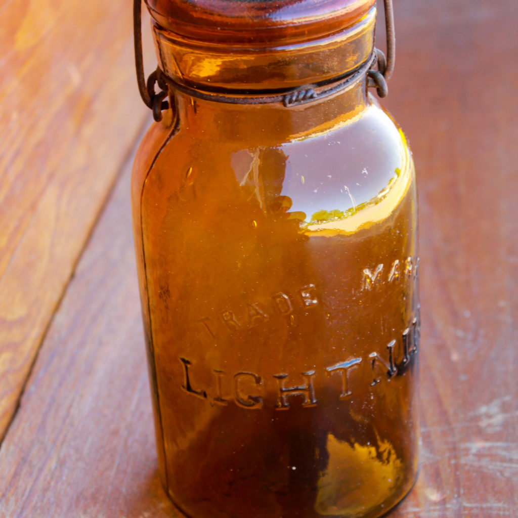 Bargain Johns Antiques Amber Colored Antique Lightning Glass Quart Fruit Jar Putman April 9466