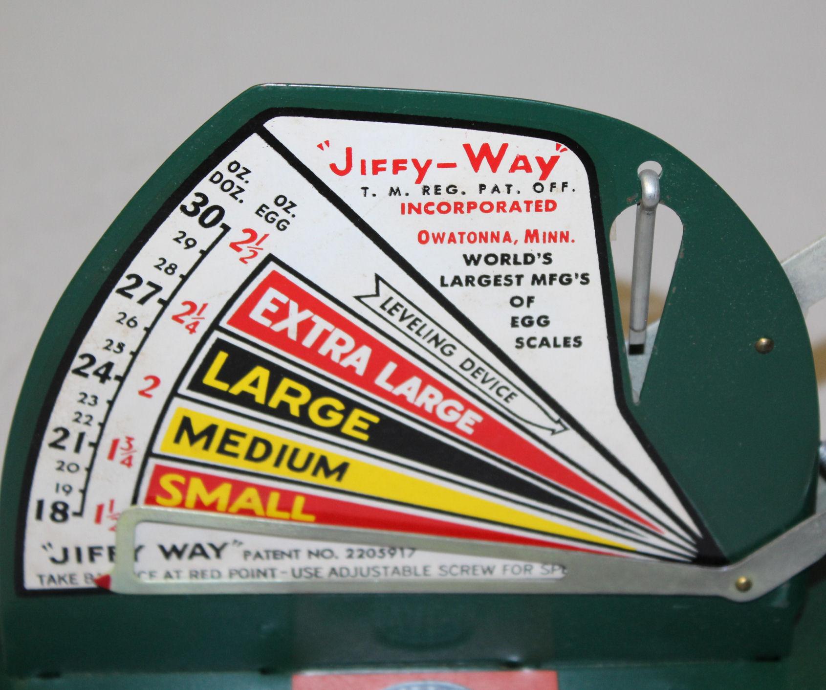 Sold at Auction: Vintage Jiffy-Way Metal Egg Scale Owatonna, Minnesota,  Green, Near Mint Condition