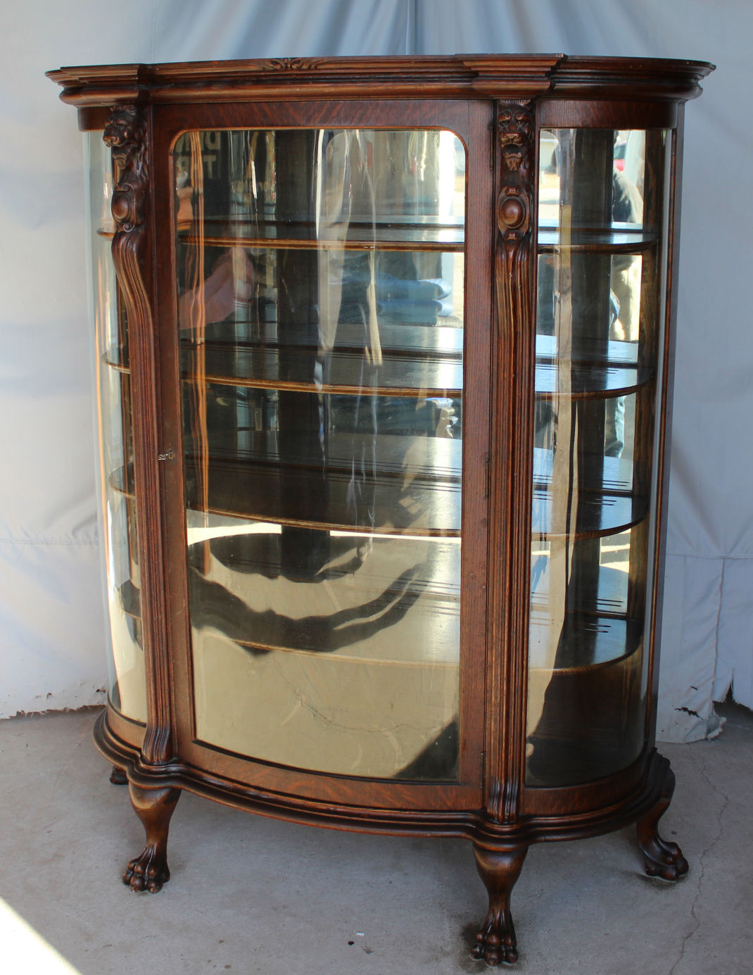 Antique Tiger Oak Curved Glass Mirrored Back Curio Cabinet On Claw Feet ...